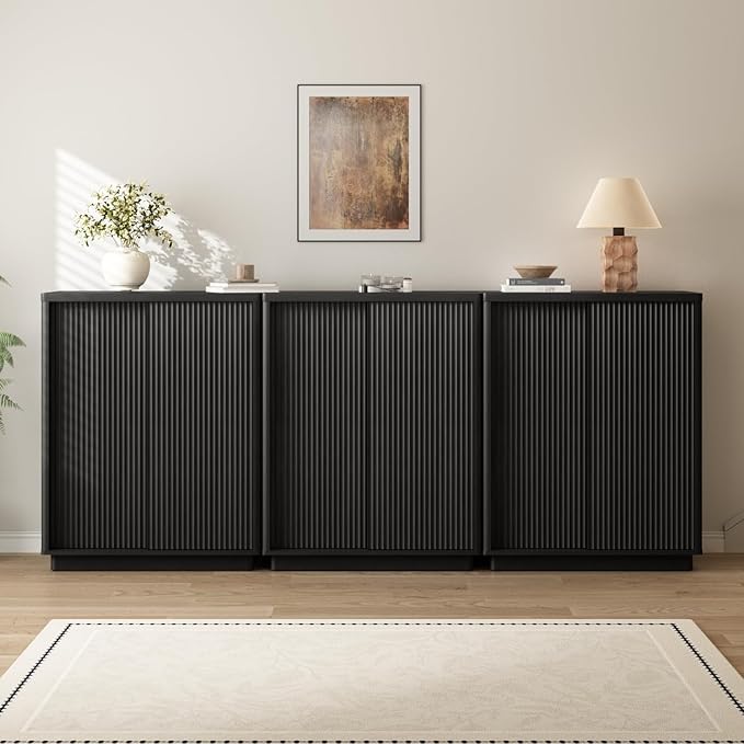 Fluted Shoe Cabinet with Sliding Door Set of 3, 6-Tier Large Hidden Storage Organizer Modern Shoe Rack with Adjustable Shelves, Mid Century Freestanding Wooden Shoe Storage Cabinet for Entryway,Black