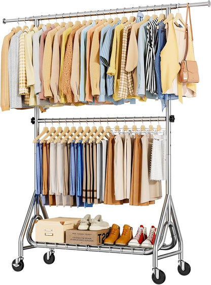 Double Rods Clothing Rack, Heavy Duty Clothes Rack for Hanging Clothes Load 560LBS, Metal Rolling Garment Racks with Wheels, Freestanding Clothes Hanging Racks, Silver