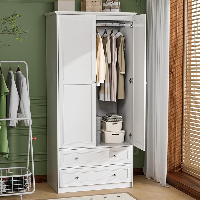 VINGLI Wooden Armoire Wardrobe Closet, 72" H Wardrobe Cabinet Closet, Freestanding Clothing Storage Cabinet, Wooden White Bedroom Armoire, Combination for Hanging Clothes