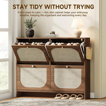 Nicetree Shoe Cabinet Storage for Entryway, Narrow Shoe Organizers with 4 Flip Drawers, Freestanding Large Shoe Rack with 3-Tier Adjustable Shelves for Hallway Entryway Foyer