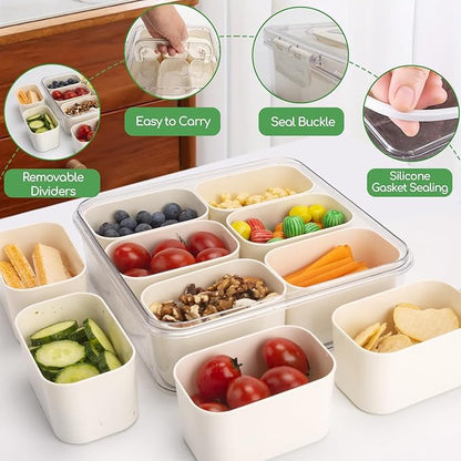 SMALL Divided Serving Tray with Lid and Handle, Portable Snack Box Container, 6 Compartments Veggie Fruit Snackle Tray,Charcuterie Box Container for Party, Travel, Entertaining,Picnic, SMALL SIZE