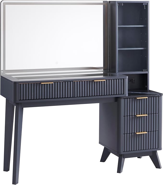 RedLemon 48" Fluted Vanity Desk with 36" Large HD Mirror and Lights, Modern Wood Glass Tabletop Makeup Table with Adjustable Storage Shelves, 5 Drawers, Charging Station for Bedroom, Dark Grey