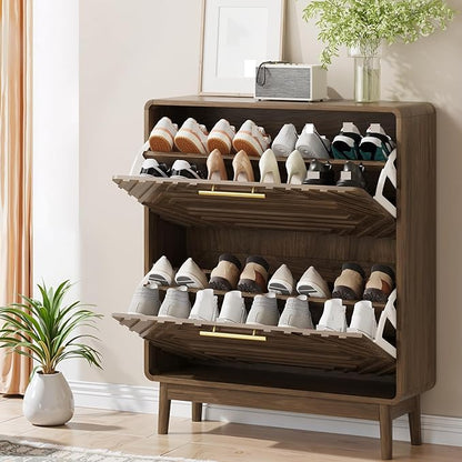 Shoe Cabinet with Fluted Flip Drawers, 31.5" w Narrow Shoe Storage Cabinet for Entryway, Hidden Freestanding Shoe Organizer Rack Cabinet