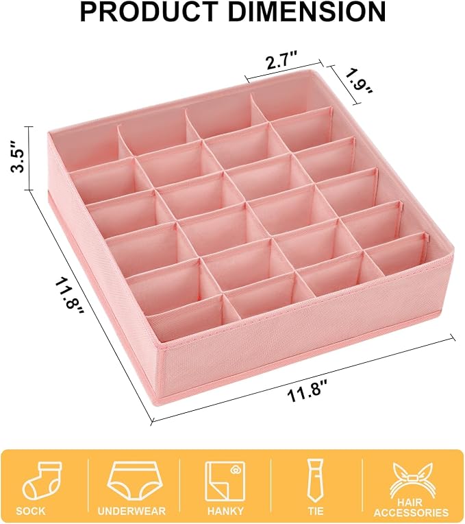 Sock Organizer 4 Pack - 24 Cell Foldable Underwear & Sock Storage, Drawer Organizer for Ties, Belts. (Pink)