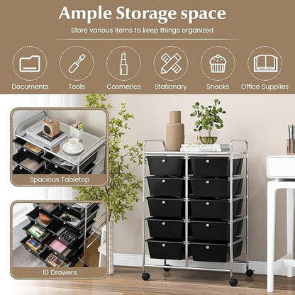 LDAILY 10 Drawer Rolling Cart, Storage Cart Organizer on Wheels, Drawer Cart with Metal Frame & Large Storage Capacity, Rolling Cart with Drawers for Living Room Classroom, Office