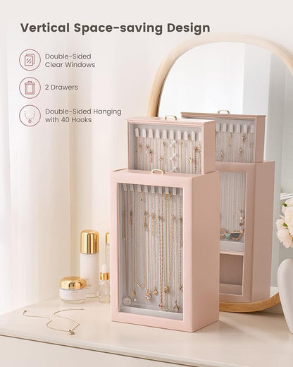 Lolalet Upgraded Double-Sided Hanging Necklace Organizer Box, Jewelry Display Case with Double-Sided Clear Window for Necklaces Bracelets, Tangle-Free Necklace Storage Box, Pink, 2-Layer 40 Hooks