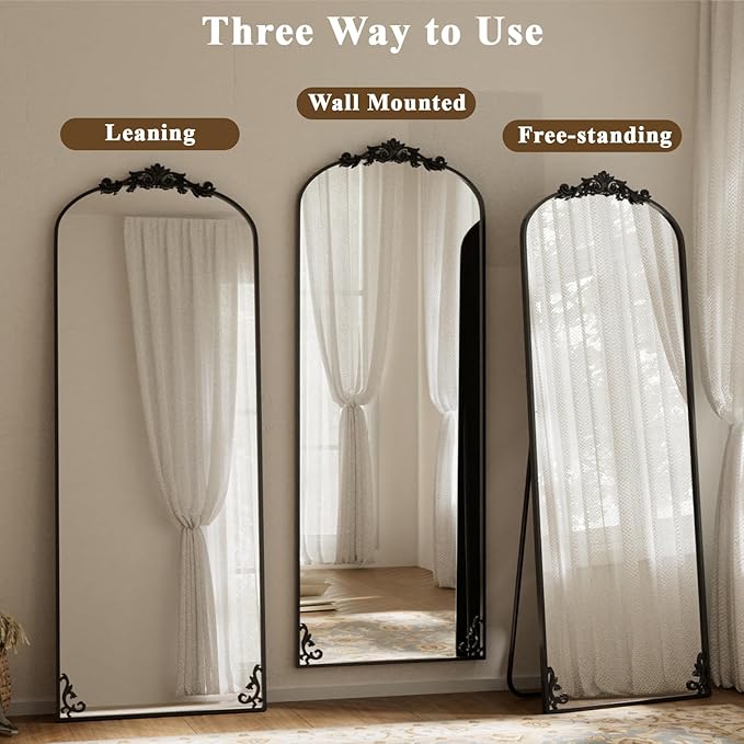 BEAUTYPEAK 65"x24" Arch Mirror Full Length, Traditional Vintage Ornate Baroque Mirror with Bottom Corner Pattern, Hanging or Leaning for Entryway/Bathroom/Fireplace/Bathroom, Black