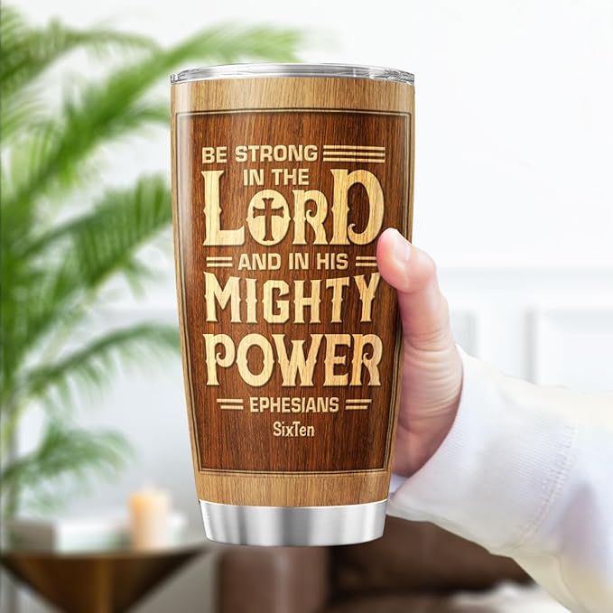 Be Strong in the Lord Wood Grain Design Tumbler 20oz, Inspirational Bible Verse Stainless Steel Travel Mug, Ephesians 6:10 Scripture Gift for Men, Christian Encouragement Cup