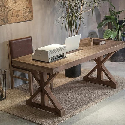 homary 70.9" Solid Wood Executive Desk, Rustic Farmhouse Home Office Desk with X-Trestle Base, Large Writing & Computer Table for Home Office, Study or Dining Space
