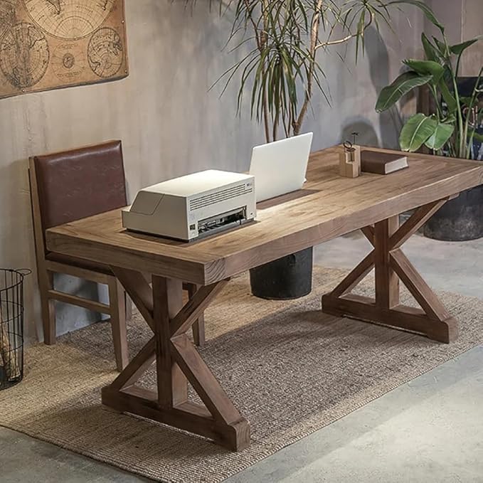 homary 59.1" Solid Wood Executive Desk, Rustic Farmhouse Home Office Desk with X-Trestle Base, Compact Writing & Computer Table for Home Office or Study Room