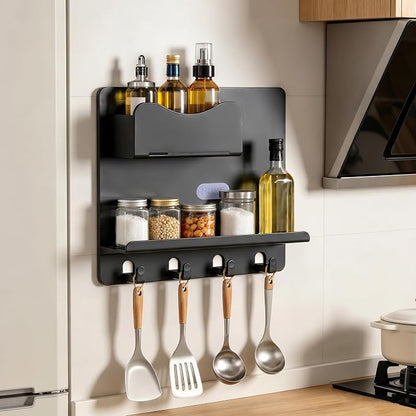 Bedside Shelf Wall Mount, Adhesive Bedside Shelf Accessories Organizer with Hooks and Cable Clips,Dorm Bedside Wall Storage for Phone, Remote, Earphone,Plastic (Black)