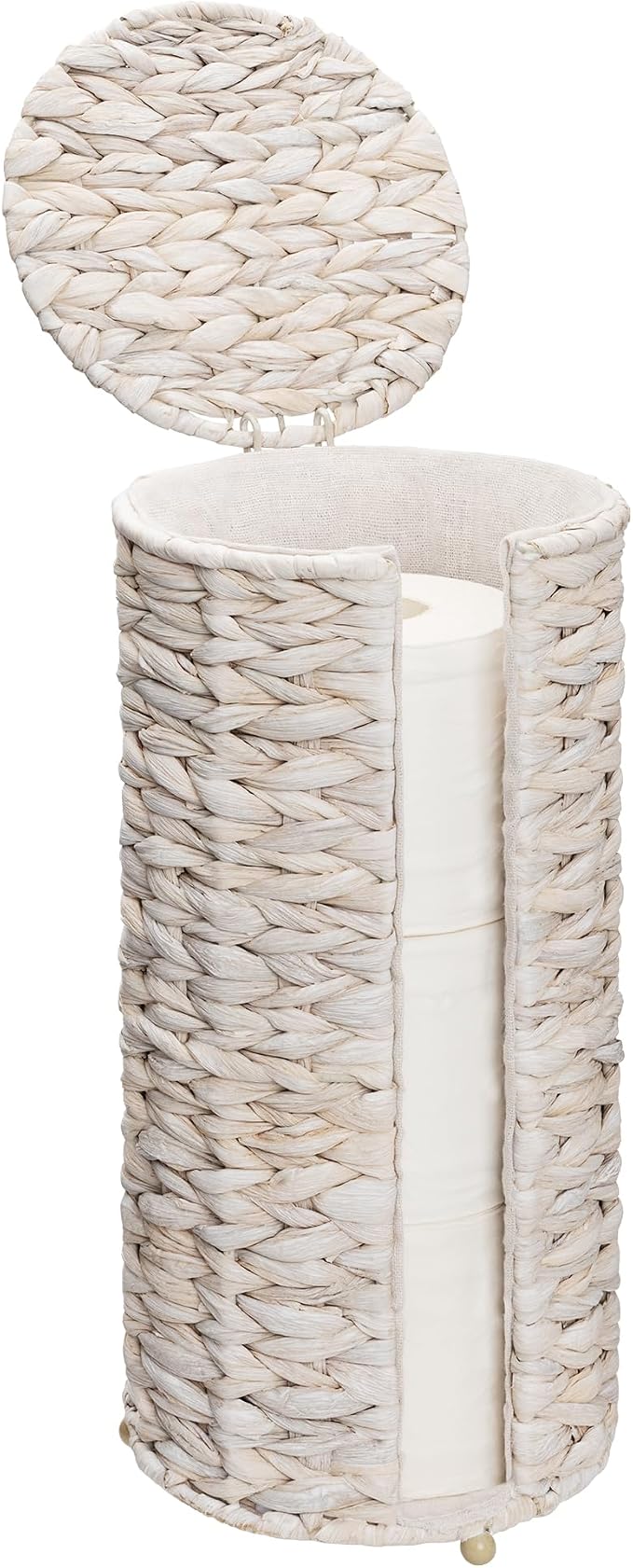 StorageWorks Free Standing Wicker Toilet Paper Holder Stand for Bathroom Storage, Decorative Water Hyacinth Toilet Paper Storage with Lid, 3 Rolls of Tissue Holder with a Built-in Cloth Lining, White