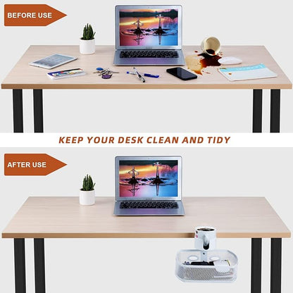 MASTLU Under Desk Organizer,Cup Holder,Table Management Tray, Swivel Pencil Drawer, Office No Drill Steel Organizers,360 Spin Hidden Storage Box with Sturdy C-Clamp,Easy Install (White)