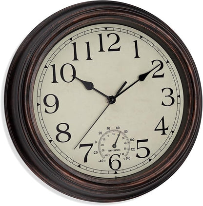 Foxtop Indoor Outdoor Waterproof Wall Clock with Thermometer, 12 Inch Retro Silent Non-Ticking Battery Operated Quartz Round Outdoor Clocks for Patio Pool Bathroom Porch (Bronze)