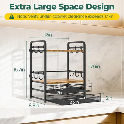 EsLuker.ly Coffee Bar Organizer Station Shelf Mug Holder for Countertop, 4 Tier Mug Holder Stand with 12 Hooks, K Cup Pod Drawer