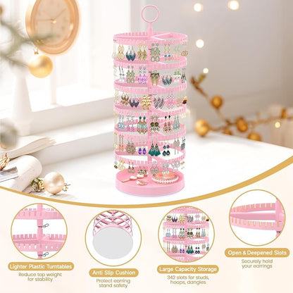 MODOWEY 6 Tier Rotating Earring Holder Organizer Display Tree with Metal Tray, Adjustable Plastic Stand with 342 Slots for Stud Hoop Hanger, Large Capacity Storage Rack for Women, Pink