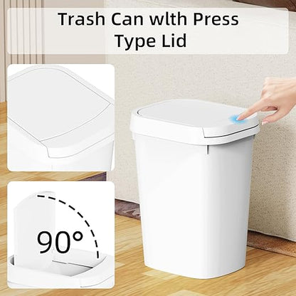 3 Pack Bathroom Small Trash Can with Lid, 2.6 Gallon Slim Garbage Bin with Pop-Up Lid, 10L Plastic Wastebasket for Bedroom, Office, Kitchen, Toilet (White)