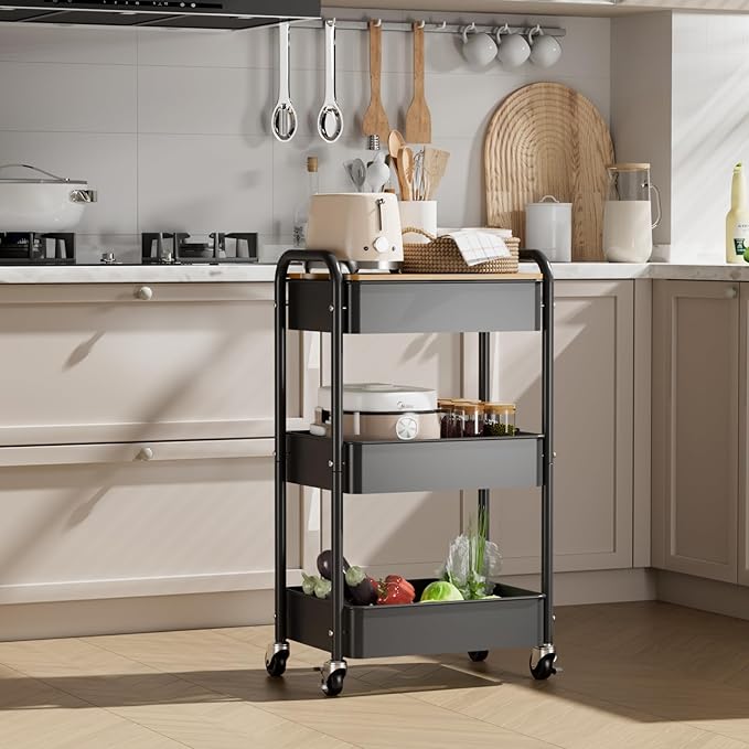 johgee 3 Tier Rolling Cart with Table top, Metal Utility Cart, Sturdy Storage Organizer Cart with Locking Wheels & Hooks for Office, Classroom, Kitchen and Bathroom