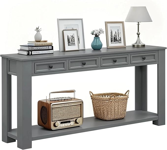 LKTART Solid Wood Console Table 63 in Long Sofa Table Entryway Table with 4 Drawers and Bottom Shelf for Hallway Living Room Couch Table,Easy Assembled,63" Tan