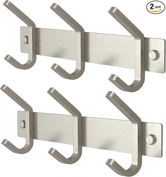 Small Coat Rack Wall Mount – Brushed Nickel 9 Inch Stainless Steel Hook Rail with 3 Heavy Duty Double Coat Hooks – Wall Mounted Coat Hanger for Entryway, Bathroom, Bedroom, Hat Organizer - 2 Pack