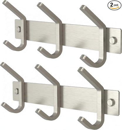 Small Coat Rack Wall Mount – Brushed Nickel 9 Inch Stainless Steel Hook Rail with 3 Heavy Duty Double Coat Hooks – Wall Mounted Coat Hanger for Entryway, Bathroom, Bedroom, Hat Organizer - 2 Pack
