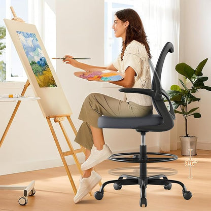 Tall Drafting Chair Ergonomic Home Office Desks Chairs Standing Desk Chair with Flip-up Armrests Adjustable Height Breathable Mesh Office Chair with Lumbar Support and Adjustable Footrest Ring Grey