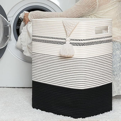 Laundry Hamper, Large Woven Rope Tall Laundry Basket with Handles, 22" X 17" X 13", Decorative Storage Basket for Clothes and Blankets in Living room, Bedroom, Black& White
