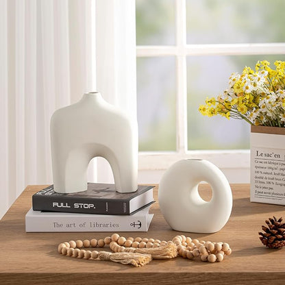 Dobbyby Ceramic Vase Set of 2, Modern Donut Vases for Minimalist Nordic Home Decor, Waterproof Round Vase, Decorative Centerpiece Vases for Living Room, Entryway, Table Decor (02-Matte Cream)