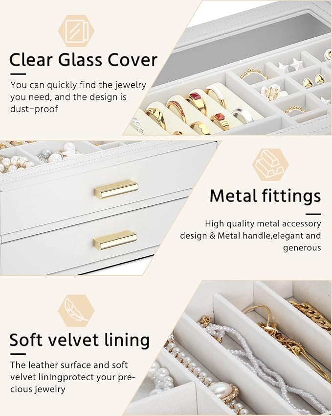 AKOZLIN Jewelry Box with Clear Lid Functional Leather Jewelry Storage Organizer Case 2 Drawers for Women Girls Necklace Ring Bracelet Earring
