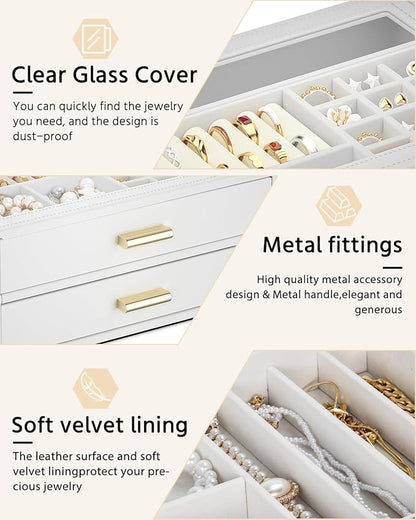 AKOZLIN Jewelry Box with Clear Lid Functional Leather Jewelry Storage Organizer Case 2 Drawers for Women Girls Necklace Ring Bracelet Earring