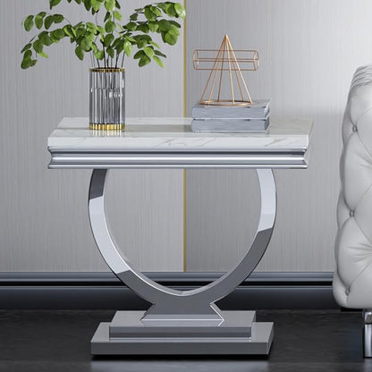 2 Piece Living Room Table Set Include 1 Faux Marble Coffee Table & 1 End Table, Modern White Silver Coffee Table Set of 2 with Double O Shape Stainless Steel Pedestal Base
