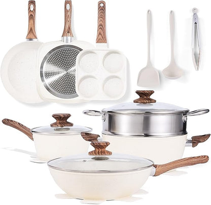 Sweetcrispy 17 Pcs Nonstick Pots and Pans, Non-toxic Kitchen Cooking Set, Induction Cookware Sets with Stay-Cool Handles, Beige