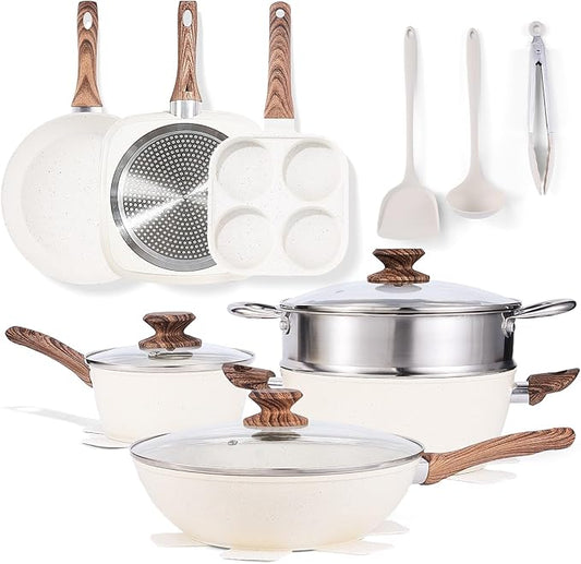 Sweetcrispy 17 Pcs Nonstick Pots and Pans, Non-toxic Kitchen Cooking Set, Induction Cookware Sets with Stay-Cool Handles, Beige
