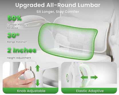 Ergonomic Office Chair, Comfy Desk Chair with Adjustable Lumbar Support, Mesh Computer Chair with Wheels, Flip-up Armrests, Swivel Rolling Executive Chair for Home Office, Gaming, White