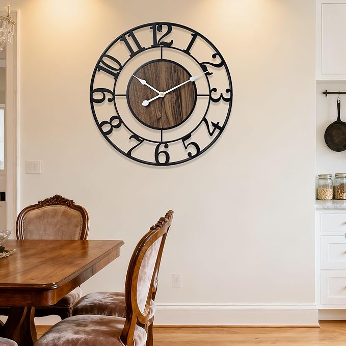 Tixmtry Large Metal Wall Clock, 20 Inch Retro Decorative Silent, Non Ticking, Battery Operated Modern Big Wood Wall Clock for Living Room, Farmhouse, Bedroom, Fireplace, Kitchen, Office, Home Decor