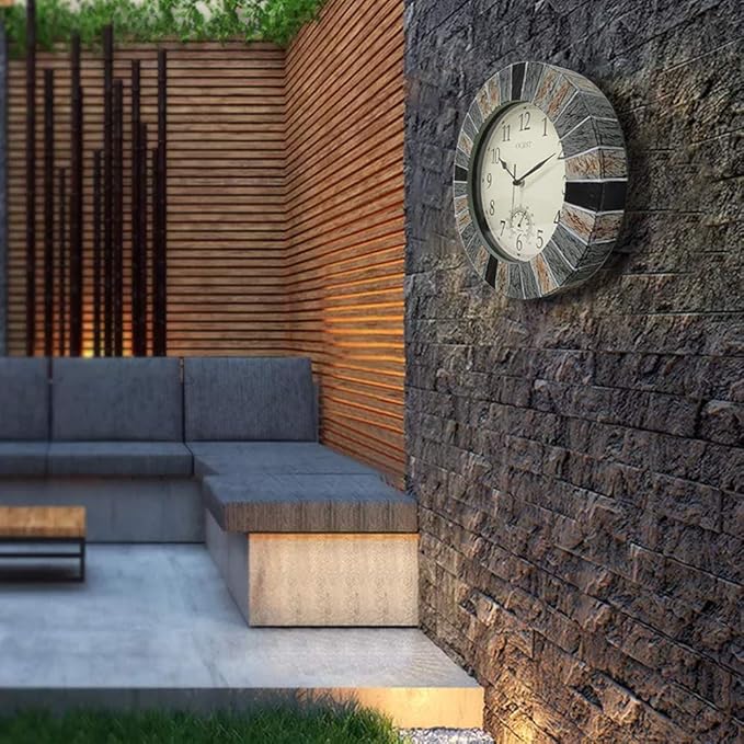 OCEST 13 Inch Large Outdoor Indoor Clock, Waterproof Wall Clock with Thermometer, Weather-Resistant Non-Ticking Battery Operated Decor for Patio, Pool, Lanai, Fence, Porch, Garden（Brown）