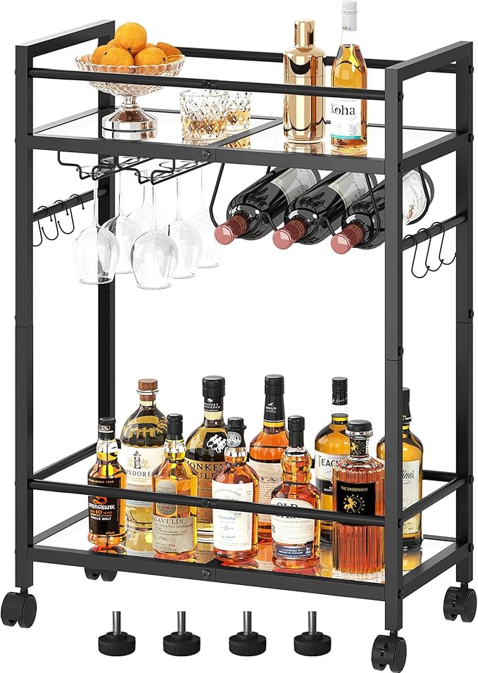 Bar Cart with Wine Rack, Serving Cart for Home, Microwave Cart, Drink Cart, Mobile Kitchen Shelf with Glass Holder, Rolling Beverage Cart for Dining Room (Black)