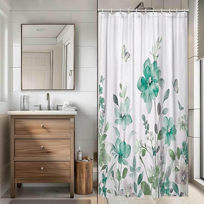 Teal Floral Shower Curtain, Teal Lavender Floral Butterfly Boho Shower Curtains for Bathroom, Farmhous Flower Cute Fabric Shower Curtain Set with 12PCS Hooks, 70X85IN