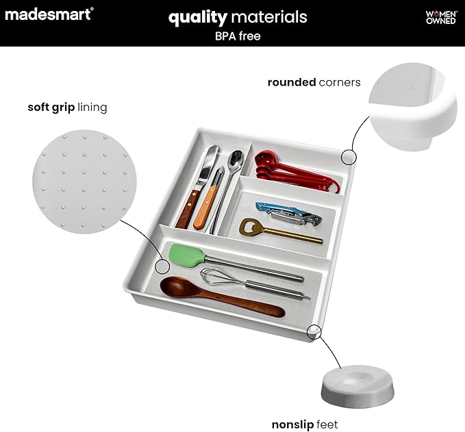 madesmart 4 Compartment Drawer Organizer, Multi Purpose Storage for Utensils, Office Tools, Cords, & Small Household Items, Tech Accessories, Arts & Crafts Supplies, Non Slip Lining, White