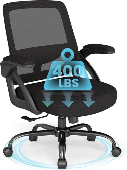 AnyGod Big and Tall Office Chair, Ergonomic Desk Chair Mesh Mid Back with Comfy Lumbar Support Swivel Task Executive Chairs with Wheels, Flip up Arms for Home, Office, Study