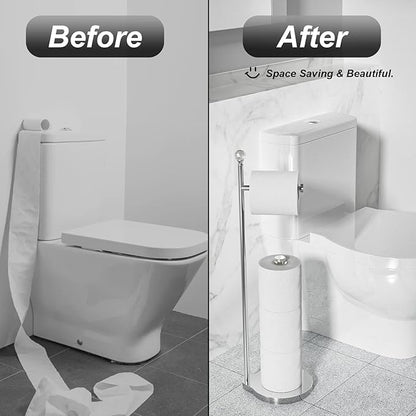 KASUNTO Toilet Paper Holder for Bathroom, Heavy Weighted Metal Free Standing Toilet Paper Storage with Crystal Ball, Toilet Paper Stand for Bathroom Accessories, Polished Chrome [Holds MEGA Rolls]