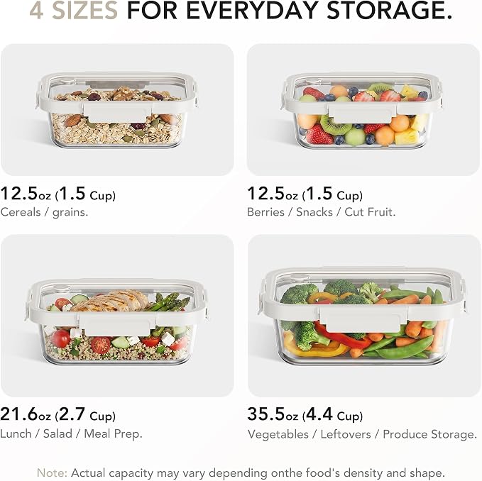 GENICOOOK Glass Fruit Storage Containers for Fridge with Glass Lids, 4 Pack Borosilicate Produce & Meal Prep Containers, Airtight BPA Free Fridge Organizer Containers