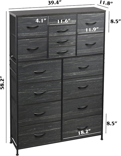 Tall Console Table with 16 Fabric Drawers, Entryway Table with Storage, Large Storage Organizer with Wood Top, Steel Frame for Living Room, Hallway, Office, Charcoal Black Wood Grain Print