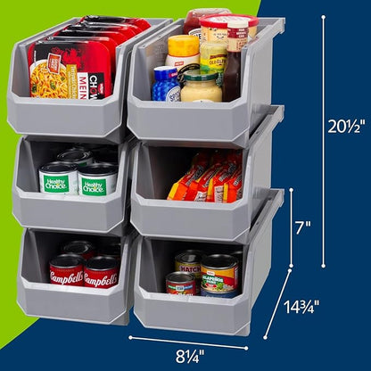ReadySpace Plastic Containers for Organizing and Storage Bins for Closet, Kitchen, Office, Garage or Pantry Organization, Stackable Bins, Large (14.8" x 8" x 7"), 6-Pack, Grey