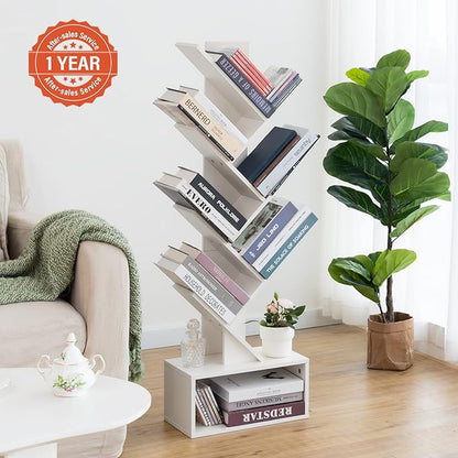 Yoobure Tree Bookshelf, 6 Tier Small Book Shelf Retro Floor Standing Bookcase, Wood Book Storage Organizer Rack, Tall Narrow Bookshelves for Corner/Bedroom/Living Room/Home Office, White