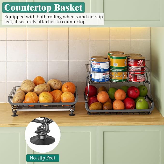 Giwil 3-Tier Rolling Pantry Organizers with Wheels, Stackable Wire Basket for Kitchen Pantry Shelves, Vegetable Storage Rack Pantry Cart for Snack Fruit Onion Potato, Black