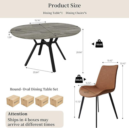 Extendable Round Dining Table Set for 6 People, 43.3"-59.1" Extendable Kitchen Table with 6 Upholstered Chairs, Space Saving for Kitchen Dining Room (Grey Table+6 Brown Chairs)