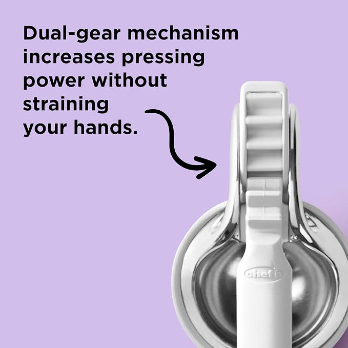 Chef'n FreshForce Lemon Squeezer Citrus Juicer, Manual Hand Press with Dual-Gear Power for Maximum Juice Extraction, Durable, Baking White
