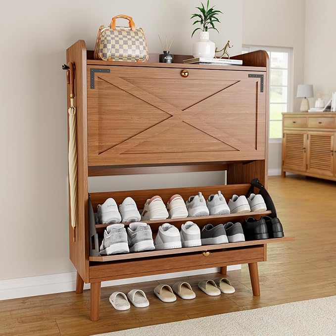 Shoe Storage Cabinet with 2 Flip Drawers & Adjustable Shelves,Narrow Shoe Cabinet Storage with Doors Side Hooks Wooden Shoe Rack Cabinet for Entryway,Hallway,Rustic Walnut