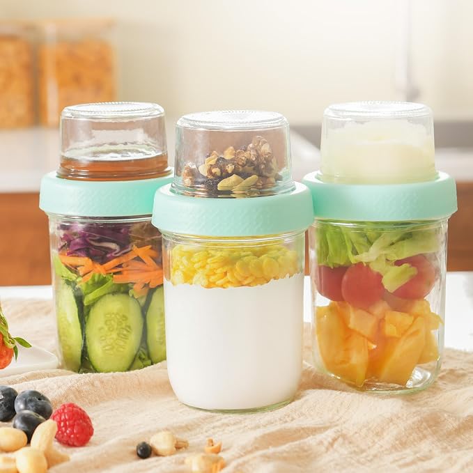 4oz 16 oz Glass Overnight Oats Containers with Lids 6Pack, Yogurt Parfait Cups with Dry and Wet Separation, Breakfast Prep Bowl for Cereal Nut Fruit Meal, To Take Along Oatmeal Salad Smoothie Snack